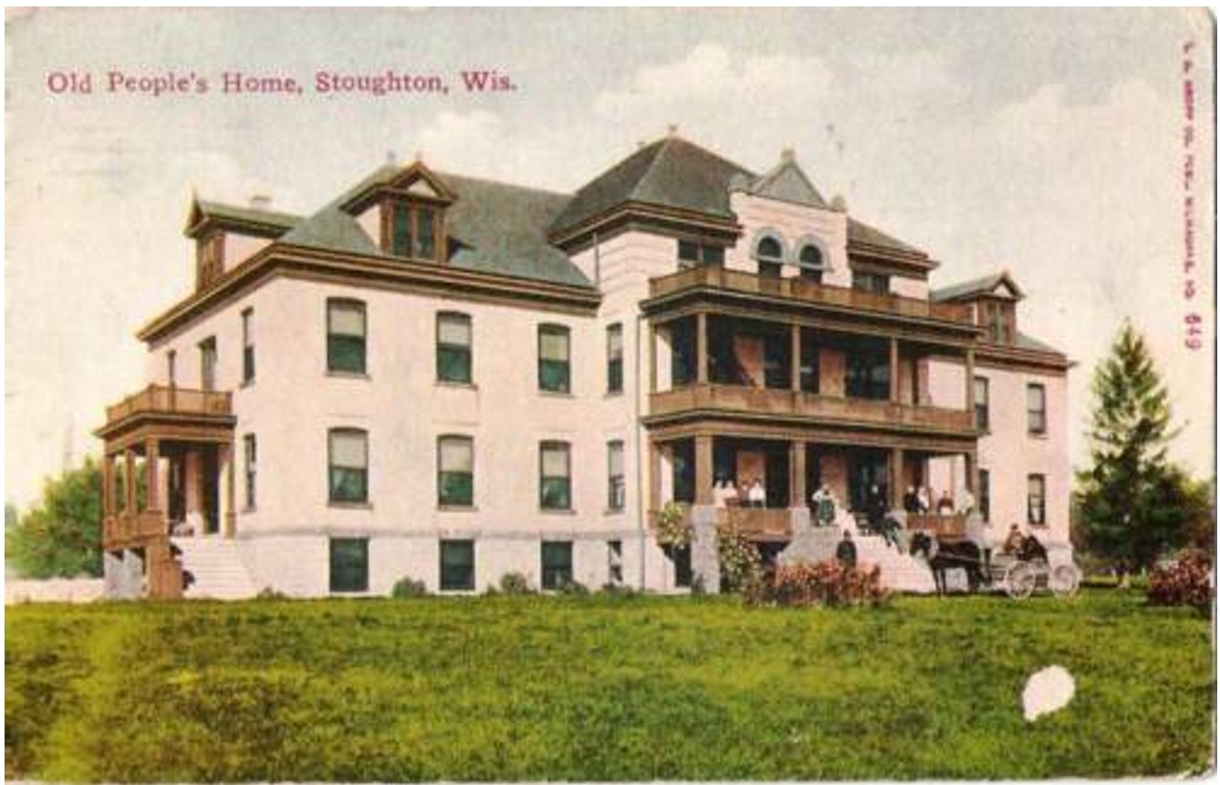 Vintage postcard titled Old People's Home, Stoughton, Wis.