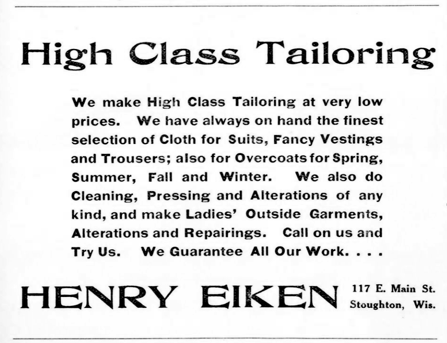 ad for Henry Eiken high class tailoring from 1908 city directory